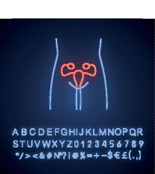 Healthy women reproductive system neon light icon. Human organ in good health. Fertility. Wholesome women health. Glowing sign with alphabet, numbers and symbols. Vector isolated illustration