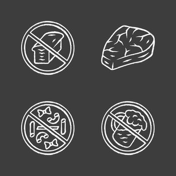 No gluten diet chalk icons set. Zero carbs, carnivore eating. Alcohol free drink. Pastry products refuse signs. Macaroni, bread loaf, meat steak isolated vector chalkboard illustrations