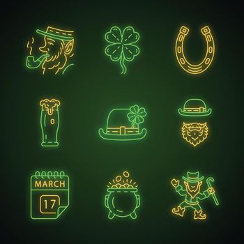 Saint Patrick Day neon light icons set