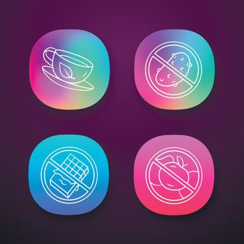 Low carbs and diabetic diet app icons set. No glucose and carbohydrate products. UI/UX user interface. Sugar free food and healthy eating. Web or mobile applications. Vector isolated illustrations