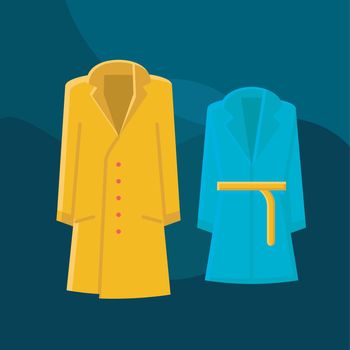 Coats fashion flat concept vector icon. Autumn fashion idea cartoon color illustrations set. Fall outfit. Clothing store. Womens wear. Jacket, trench coat. Shopping. Isolated graphic design element