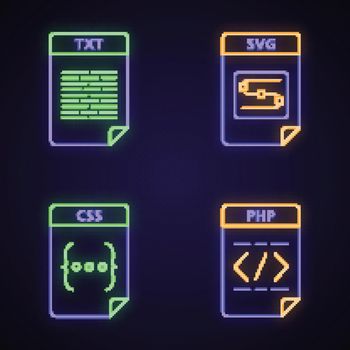 Files format neon light icons set