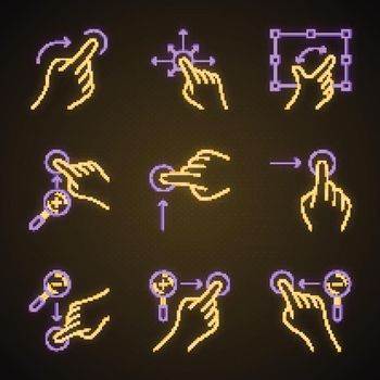 Touchscreen gestures neon light icons set