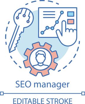 SEO manager concept icon. Digital marketing specialty idea thin line illustration. Search engine optimization. SEO strategy, website content. Vector isolated outline drawing. Editable stroke