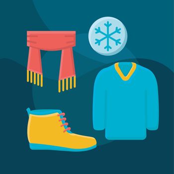 Winter fashion flat concept vector icon. Shopping idea cartoon color illustrations set. Warm outfit. Clothing store. Menswear. Knitted sweater, scarf, boot. Isolated graphic design element