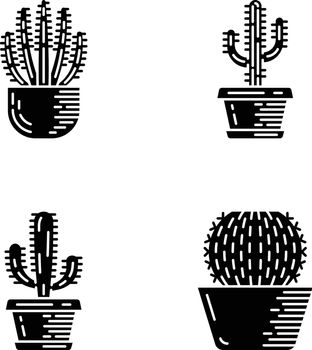 House cacti in pot glyph icons set
