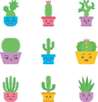 Cactuses flat design long shadow color icons set