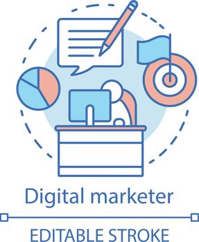 Digital marketer concept icon. Digital marketing specialty idea thin line illustration. Target advertising specialist. Market research analyst. Vector isolated outline drawing. Editable stroke