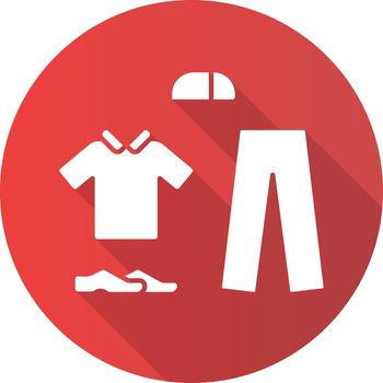 Cricket uniform flat design long shadow glyph icon. Cricket whites. Sport flannels. Sportswear. Collared shirt, long trousers, cap, shoes. Man outfit. Team clothes. Vector silhouette illustration