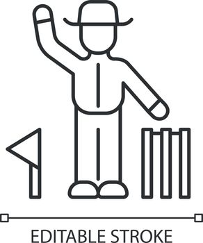Cricket judge linear icon. Umpire signals decision. Arbitrator follow game. Man in uniform, flag and wicket. Thin line illustration. Contour symbol. Vector isolated outline drawing. Editable stroke