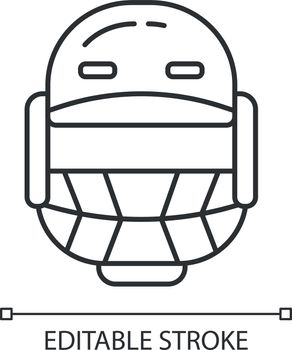 Cricket helmet linear icon. Head protection for batsman and fielders. Cricketer uniform. Protective gear. Thin line illustration. Contour symbol. Vector isolated outline drawing. Editable stroke