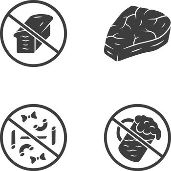 No gluten diet glyph icons set. Zero carbs, carnivore eating. Alcohol free drink. Pastry products refuse signs. Silhouette symbols. Macaroni, bread loaf, meat steak vector isolated illustration