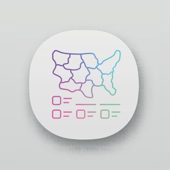 Cartogram app icon. Diagram. USA map with statistics. Data visualization. Geographical differences graphic report. UI/UX user interface. Web or mobile applications. Vector isolated illustrations