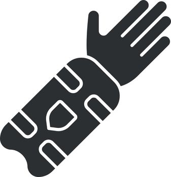 Cricket arm guard glyph icon. Body protection for batsman. Arm pad on hand. Protective clothing. Sport equipment. Protecting forearm. Silhouette symbol. Negative space. Vector isolated illustration