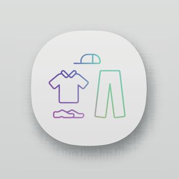 Cricket uniform app icon. Cricket whites. Sport flannels. Sportswear. Collared shirt, long trousers, cap, shoes. UI/UX user interface. Web or mobile applications. Vector isolated illustrations
