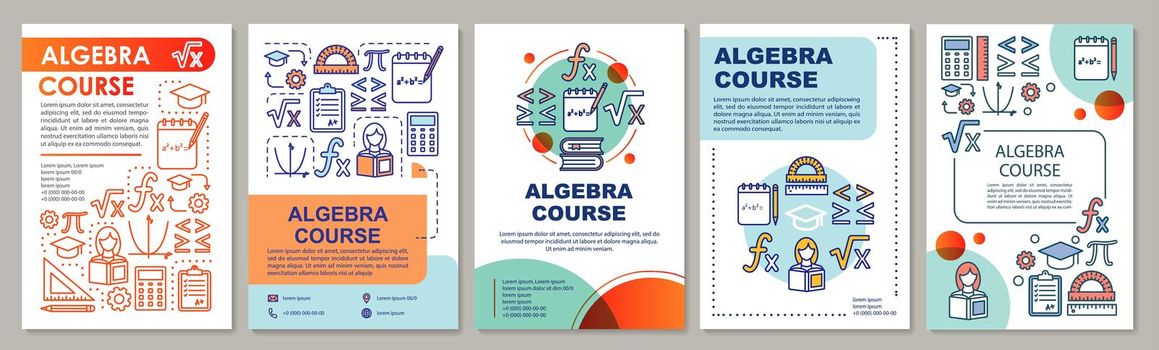 Algebra course, math lessons brochure template layout. Flyer, booklet, leaflet print design with linear illustrations. Vector page layouts for magazines, annual reports, advertising posters