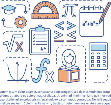 Advanced math courses article page vector template. Algebra subject. Brochure, magazine, booklet design element with linear icons and text boxes. Print design. Concept illustrations with text space