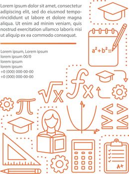 Algebra lessons, courses article page vector template. Mathematics, maths. Brochure, magazine, booklet design element with linear icons and text boxes. Print design. Concept illustrations with text space