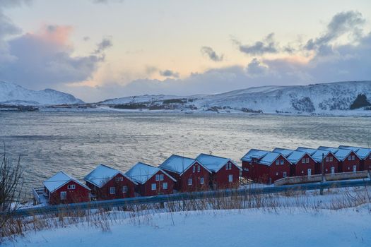 Traditional Norwegian fisherman's cabins and boats