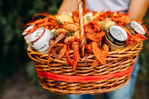 Close up of crayfish and beer bouquet for man