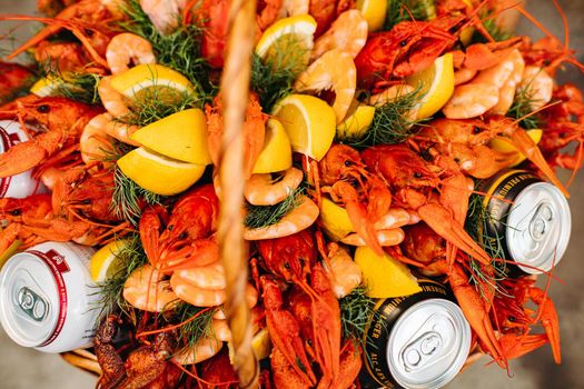 Close up of crayfish and beer bouquet for man