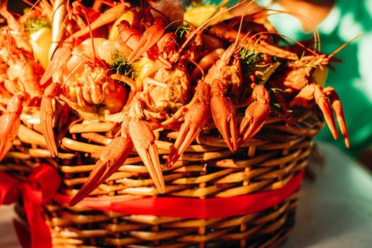Large basket with cooked red large crayfish