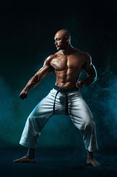 Shirtless man. Karate fighter on black background with smoke. Handsome and fit man sportsmen bodybuilder physique and athlete. Men's sport motivation.