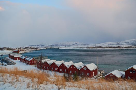 Traditional Norwegian fisherman's cabins and boats