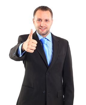 young businessman going thumb up, isolated on white