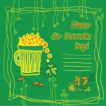 Irish st patrick day party card with flat symbols of the holiday and place for text. Vector illustration