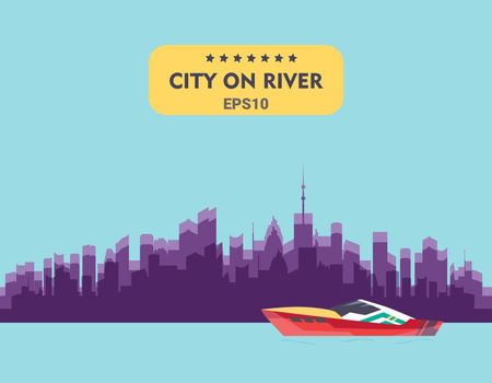 Ship at river transport, shipping boats in vector. City buildings