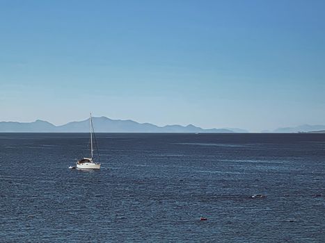 Vintage seascape and coastal nature concept. Sea, yacht and mountains in summer as travel art print