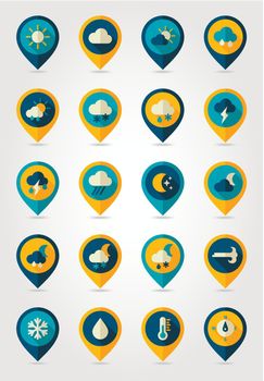 Meteorology Weather flat pin map icons set. Map pointer. Map markers. Vector illustration eps 10