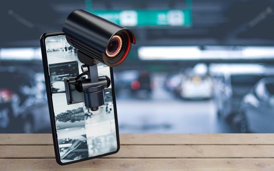 CCTV Security camera on smartphone in parking lot at home resident background. Safe and secure technology inside property and homeowner concept. Copy space. 3D illustration rendering