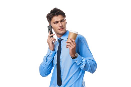 businessmen communication on the phone a cup of coffee isolated background. High quality photo