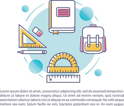 Pupils studying tools article page vector template. School supplies. Brochure, magazine, booklet design element with linear icons and text boxes. Print design. Concept illustrations with text space