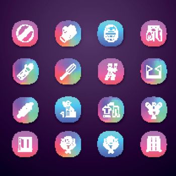 Cricket championship app icons set. Sport uniform, protective gear, game equipment. Outdoor athletic activity. UI/UX user interface. Web or mobile applications. Vector isolated illustrations
