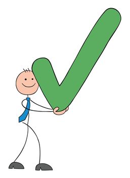Approve, stickman businessman carries check mark and walks, hand drawn outline cartoon vector illustration