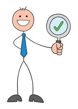 Problem, stickman businessman happy and holding magnifying glass, examined and approved, hand drawn outline cartoon vector illustration