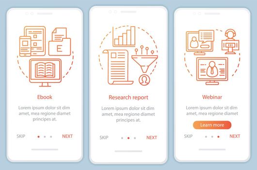 Consideration content orange onboarding mobile app page screen vector template. Research report walkthrough website steps with linear illustrations. UX, UI, GUI smartphone interface concept