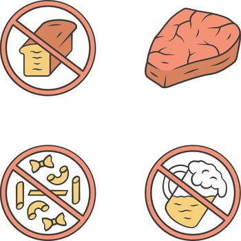 No gluten diet color icons set. Zero carbs, high protein carnivore eating. Alcohol free drink. Pastry products refuse signs. Macaroni, bread loaf, meat steak isolated vector illustrations