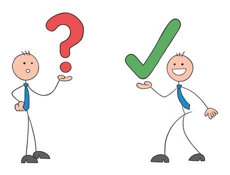 Approve, stickman businessman is holding a question mark and has a problem. The other man brings him a solution, hand drawn outline cartoon vector illustration.