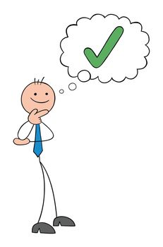 Approve, stickman businessman is considerate and wants to accept, hand drawn outline cartoon vector illustration.