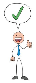 Approve, stickman businessman giving thumbs up and approved, hand drawn outline cartoon vector illustration