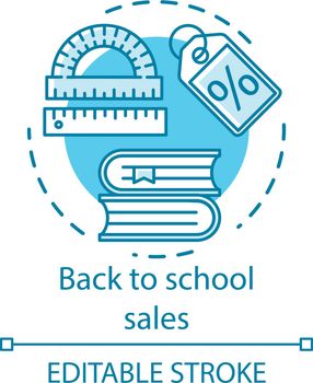 School supplies shopping concept icon. Stationery items store wholesale advertising idea thin line illustration. Seasonal sales event promotion vector isolated outline drawing. Editable stroke