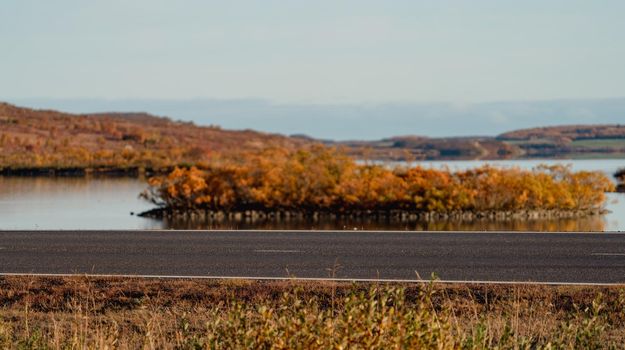 Isolated road on Autumn near the lake