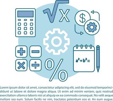 Algebra online lessons article page vector template. Mathematics subject. Brochure, magazine, booklet design element with linear icons and text boxes. Print design. Concept illustrations with text space