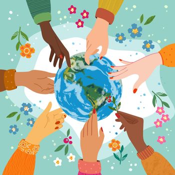 Happy earth day concept with the hands of people of different nationalities reaching out to the earth. Colored vector illustration in flat style.