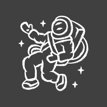 Astronaut chalk icon. Spaceman. Space explorer. Cosmonaut in outer space. Crew member of spacecraft. Man in space suit. Cosmic mission. Travel exploration. Isolated vector chalkboard illustration