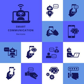 Communication smart technologies vector icon set in glyph style. Vector illustration